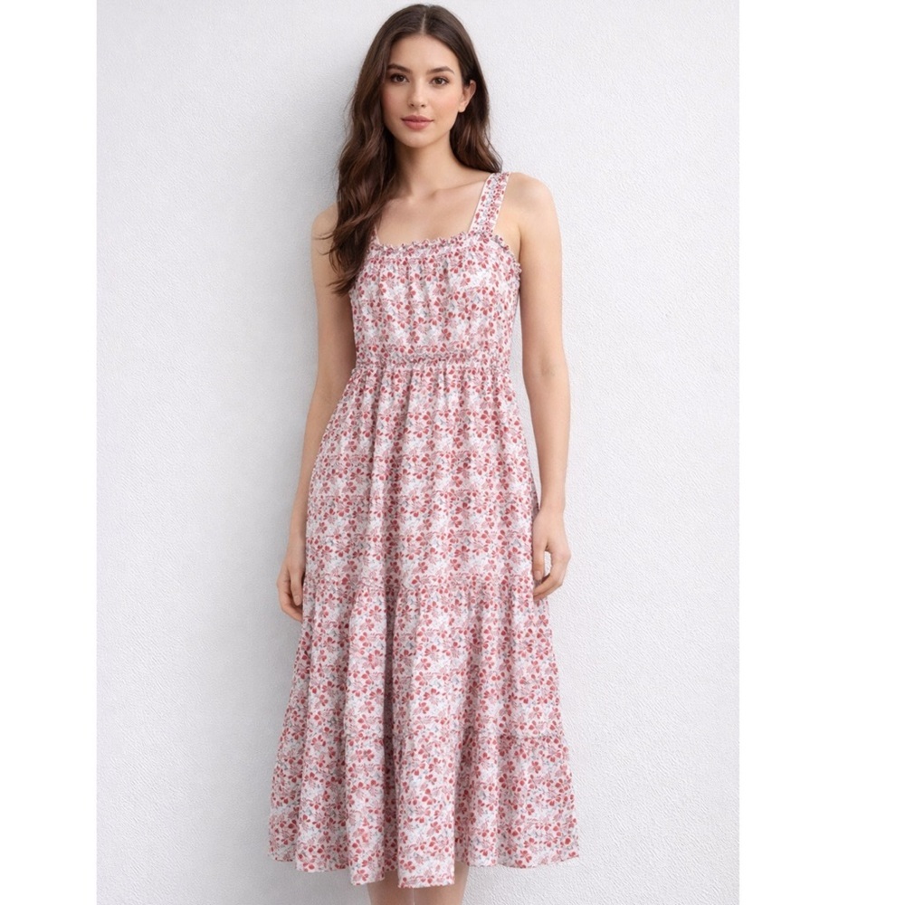 Max Studio Rose Meadow Ruffle Tier Dress Sundress in White and Pinks